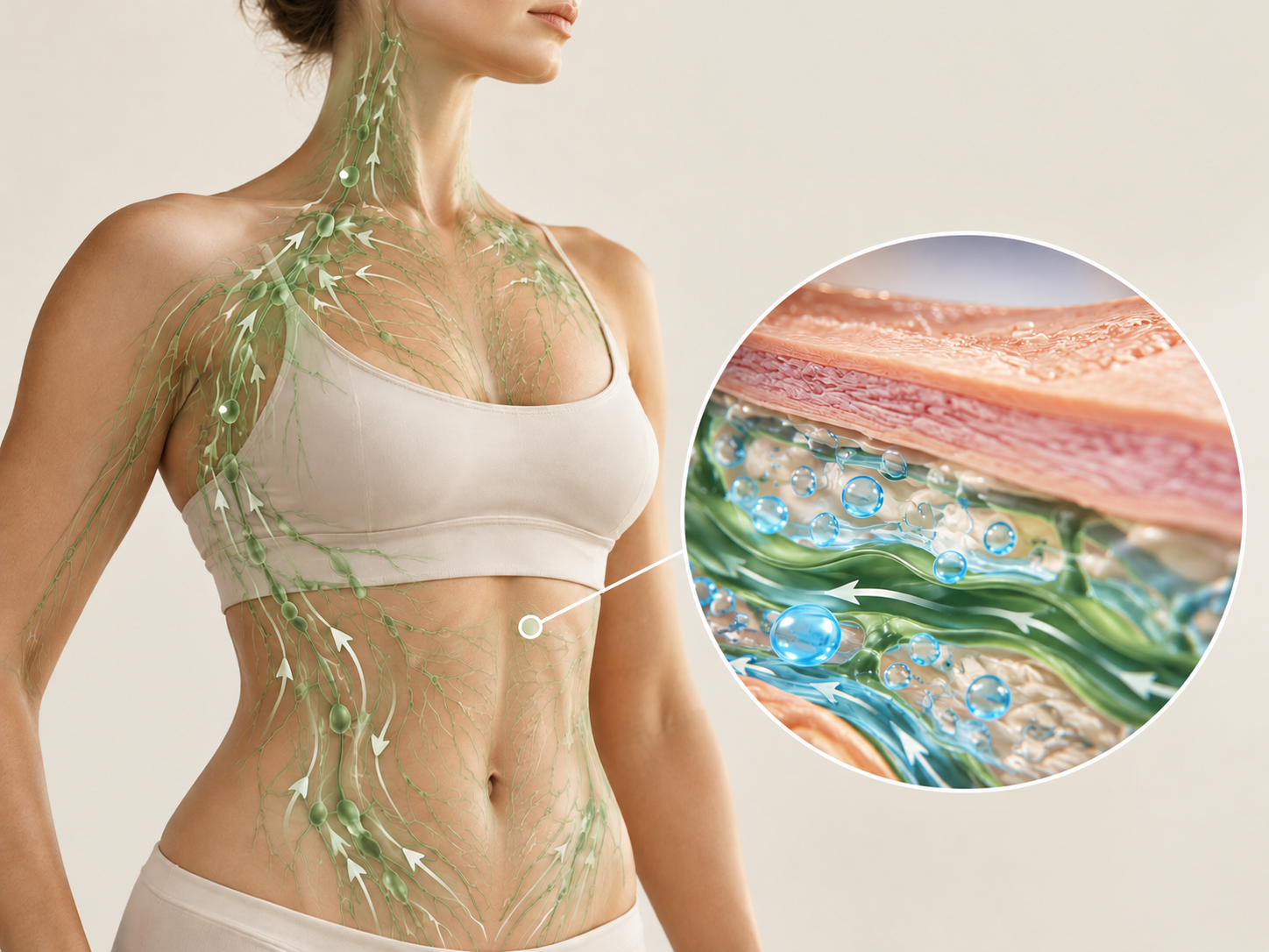 Anatomical illustration showing lymphatic vessels and the movement of fluid