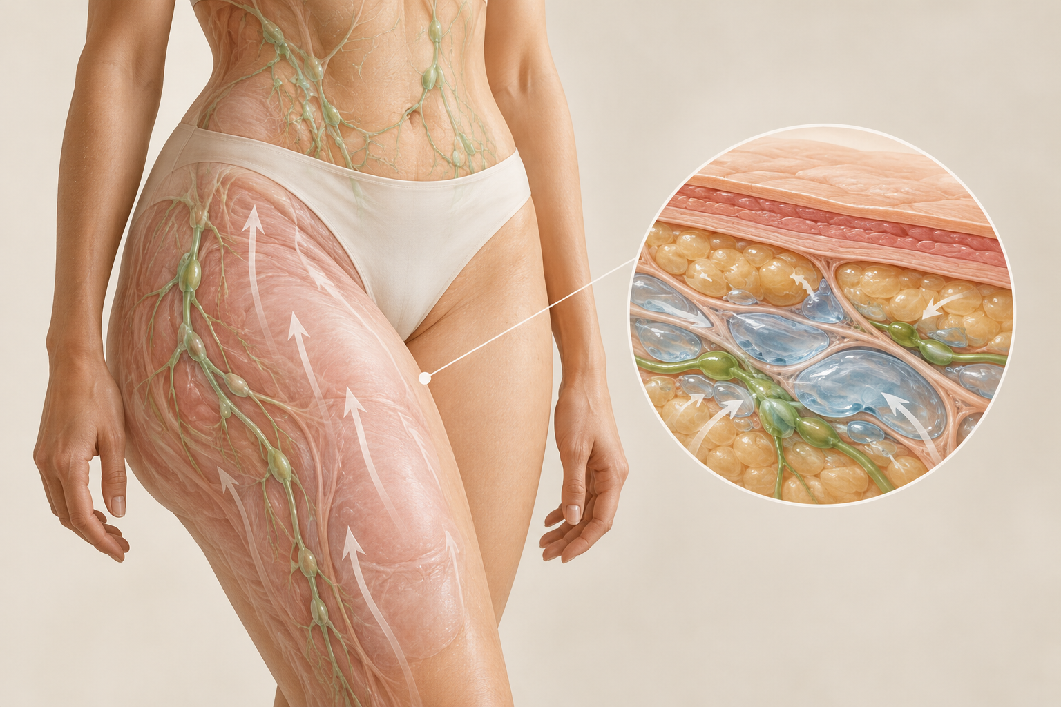 Anatomical illustration showing lymphatic flow and tissue swelling